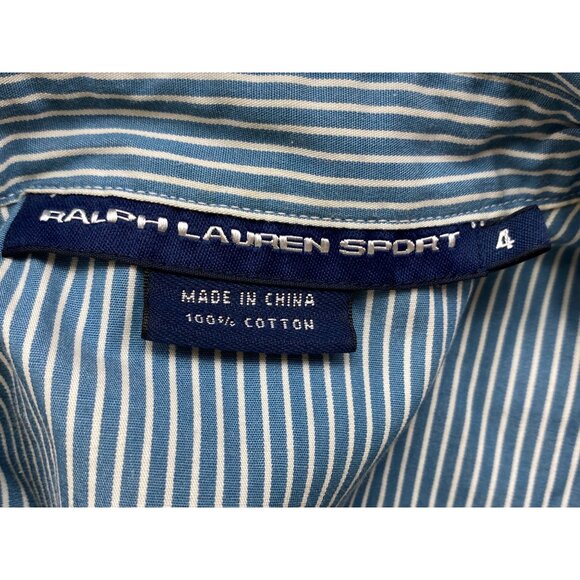 Ralph Lauren Sport Blue & White Striped Button-Up Shirt Size 4 Preppy Ruffle Top - Picture 4 of 5